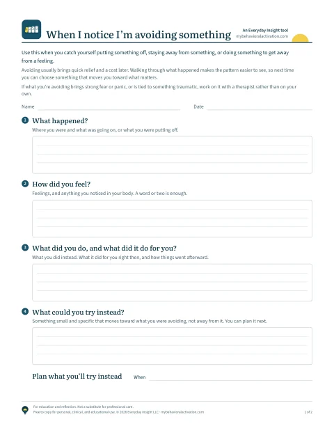 The first page of the avoidance worksheet, with four numbered questions